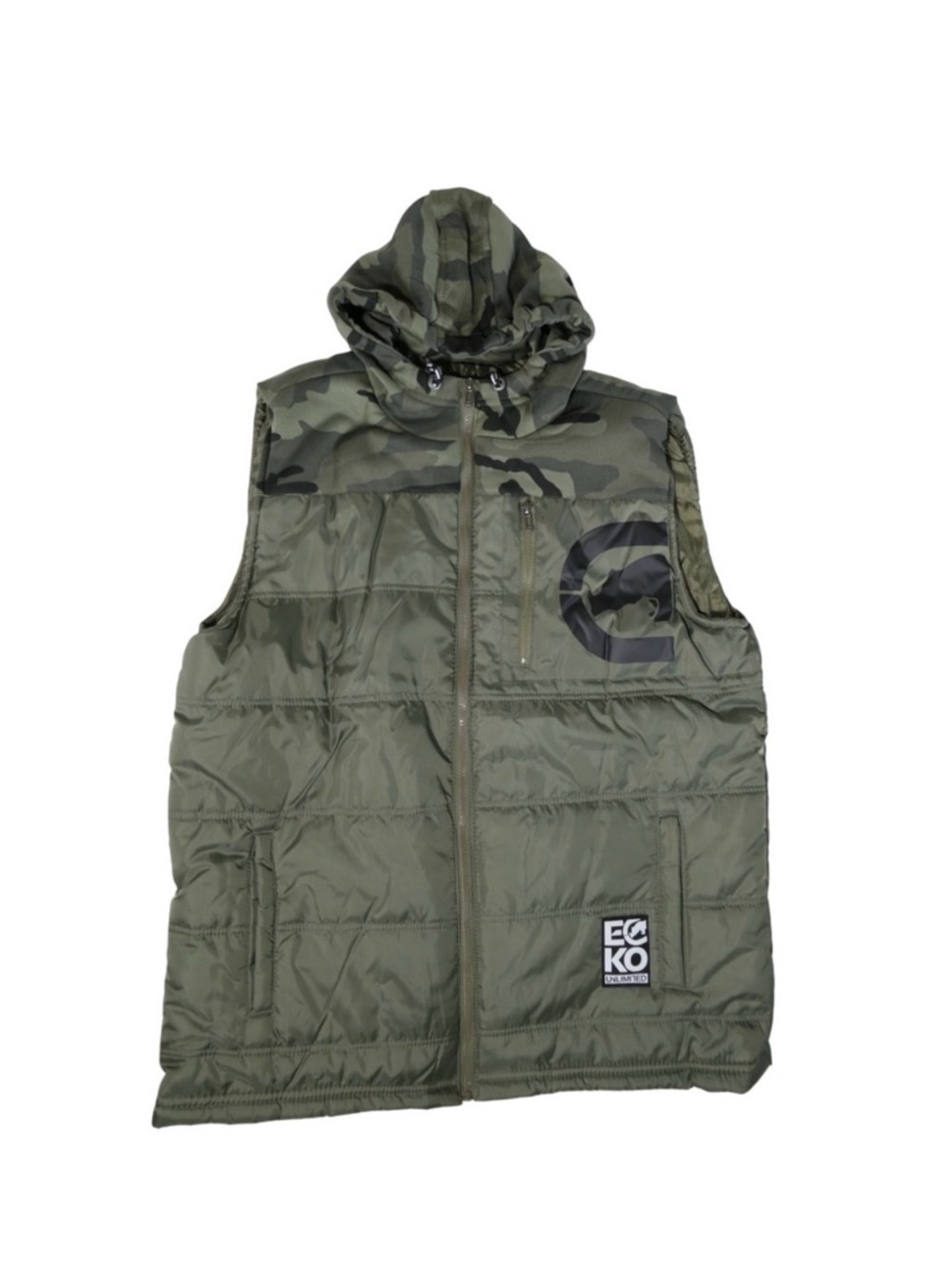 Ecko Unltd. Men's Camo Olive Puffer Vest with Hood